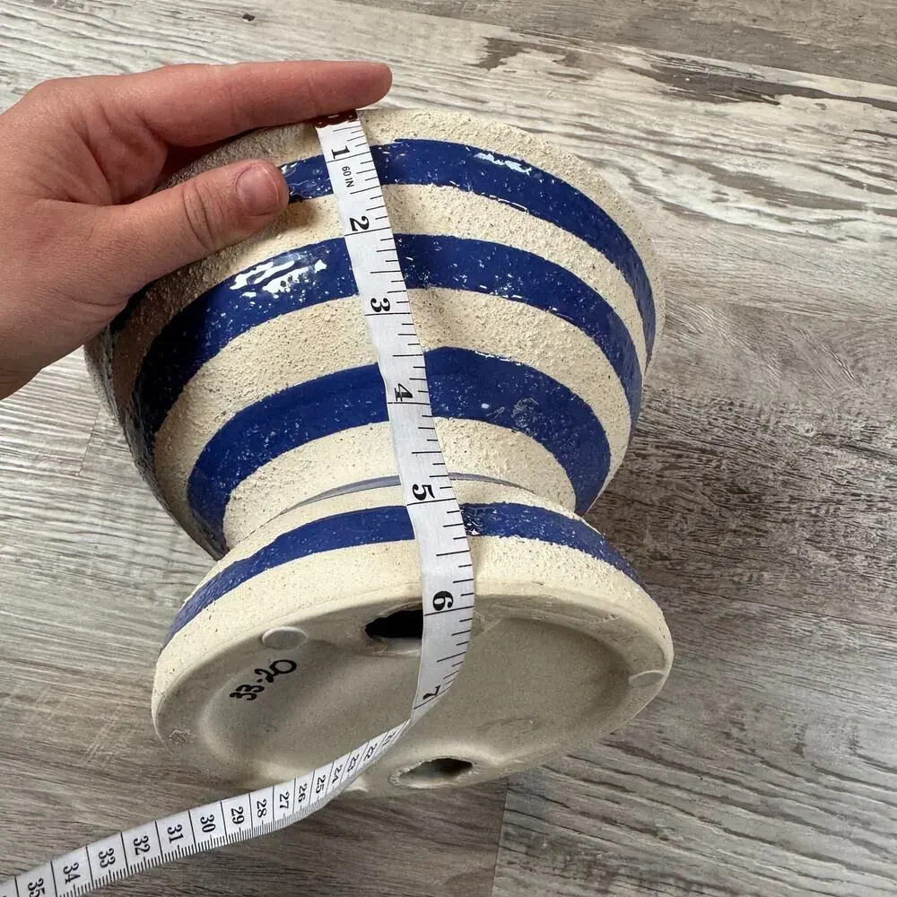 Handmade Studio Pottery Bowl Blue Stripe Pedestal Rustic Ceramic